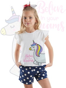 Puantiyeli Unicorn Kız Çocuk Yazlık T-Shirt Poplin Şort Takım - 1