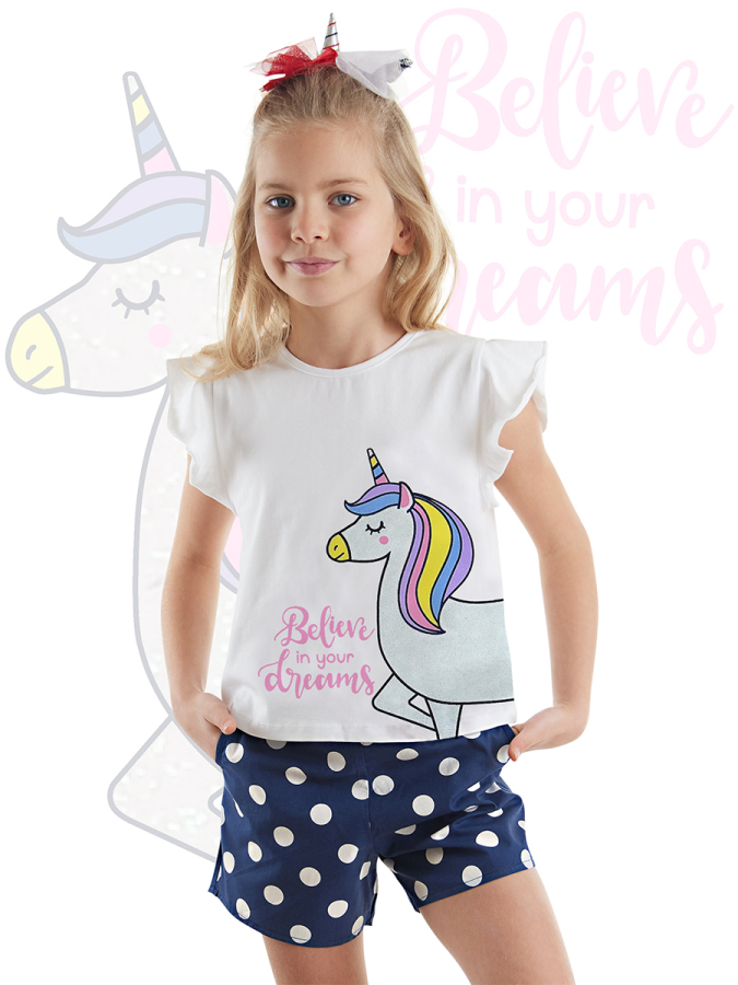 Puantiyeli Unicorn Kız Çocuk Yazlık T-Shirt Poplin Şort Takım - 1
