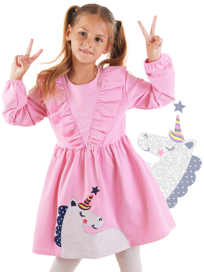 Simli Unicorn Kız Çocuk Pembe Elbise - 1