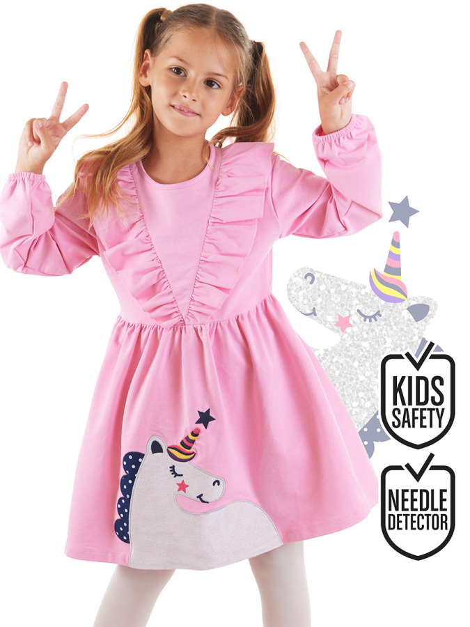 Simli Unicorn Kız Çocuk Pembe Elbise - 1