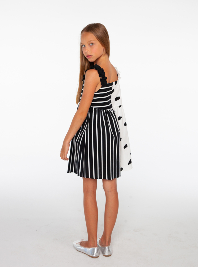 Siyah Beyaz Desenli, Pamuk Kız Çocuk Elbise - 3