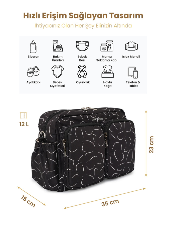 Siyah Dalgalı DuoPack Çok Gözlü Anne Bebek Çantası - 2