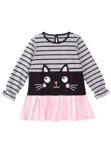 Siyah Kedi Çizgili Kız Çocuk Gri Kışlık Elbise - 3