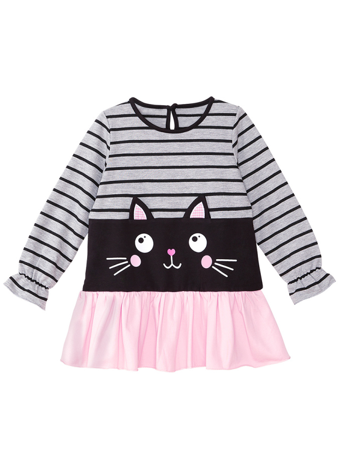 Siyah Kedi Çizgili Kız Çocuk Gri Kışlık Elbise - 3