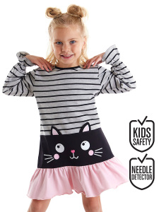 Siyah Kedi Çizgili Kız Çocuk Gri Kışlık Elbise - Denokids