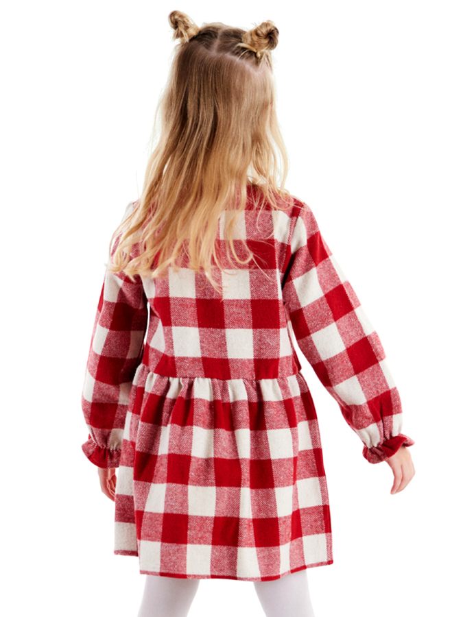 Siyah Tavşan Kırmızı Ekose Kız Çocuk Kol Ucu Lastikli Elbise - 2