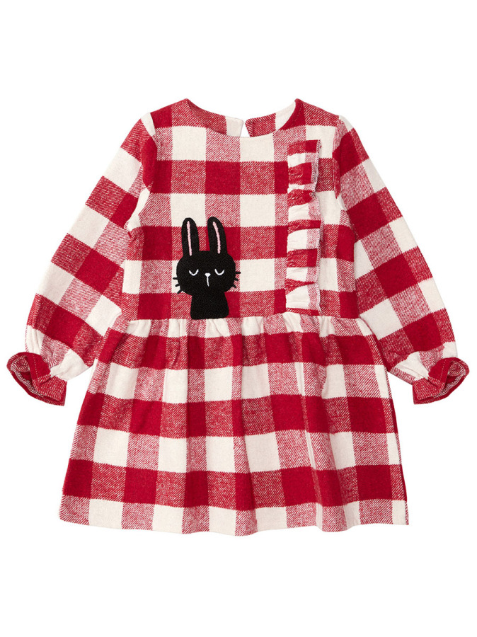 Siyah Tavşan Kırmızı Ekose Kız Çocuk Kol Ucu Lastikli Elbise - 3