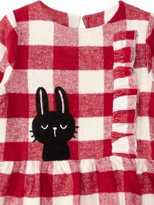 Siyah Tavşan Kırmızı Ekose Kız Çocuk Kol Ucu Lastikli Elbise - 5