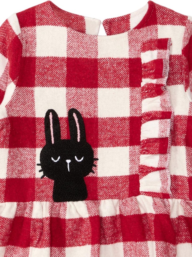 Siyah Tavşan Kırmızı Ekose Kız Çocuk Kol Ucu Lastikli Elbise - 5