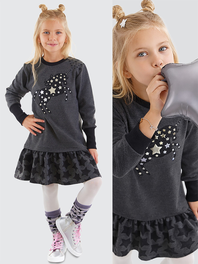 Star Unicorn Girl Grey Dress - 1