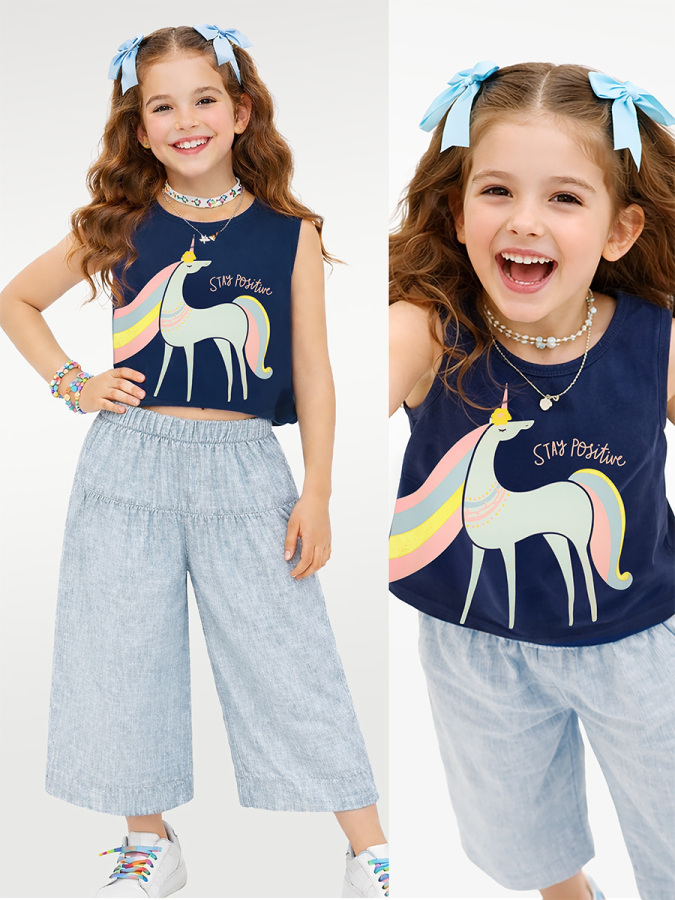 Kız Çocuk Takım İkili Unicorn Penye T-shirt Dokuma Geniş Paça Pantolon Yazlık 4-10 Yaş - 1