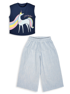 Kız Çocuk Takım İkili Unicorn Penye T-shirt Dokuma Geniş Paça Pantolon Yazlık 4-10 Yaş - 4
