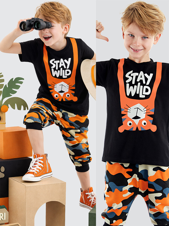 Stay Wild Erkek Çocuk Yazlık T-Shirt Kapri Şort Takım - 1
