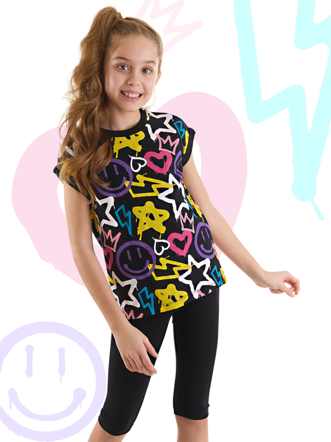 Street Style Kız Çocuk Yazlık T-Shirt Tayt Takım - 1