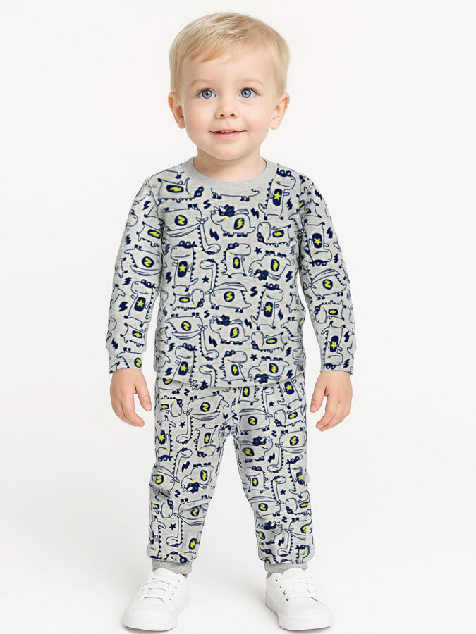 Super Dino Baby Boy Grey Pyjamas Set - 1