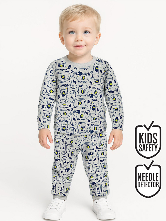 Süper Dino Erkek Bebek Gri Pijama Takımı - 1