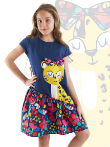 Çiçekli Leopar Kız Çocuk Yazlık Lacivert Elbise - MSHB&G