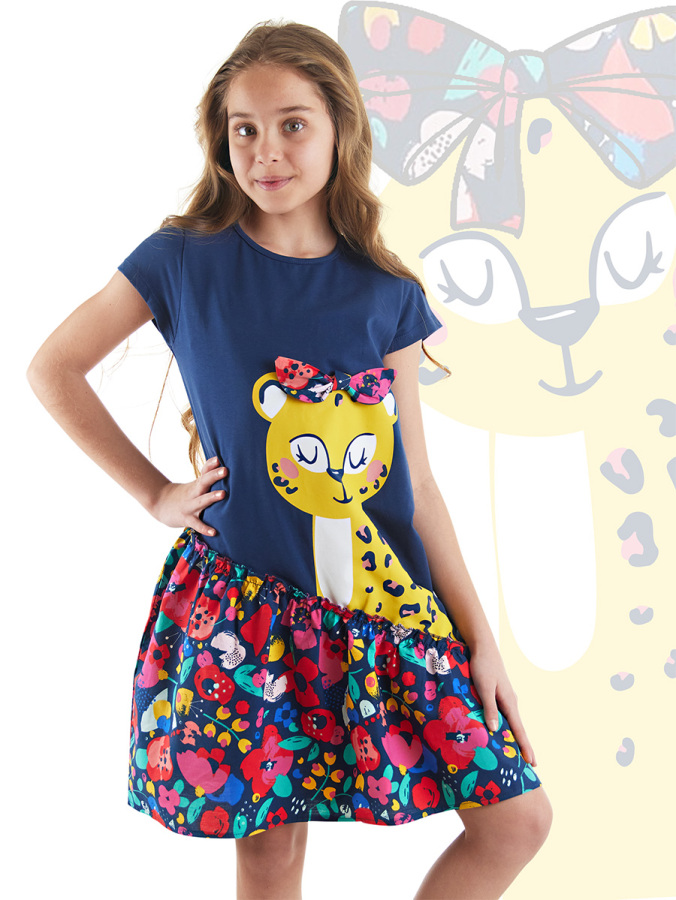 Çiçekli Leopar Kız Çocuk Yazlık Lacivert Elbise - 1