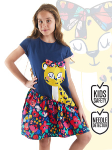 Çiçekli Leopar Kız Çocuk Yazlık Lacivert Elbise - MSHB&G