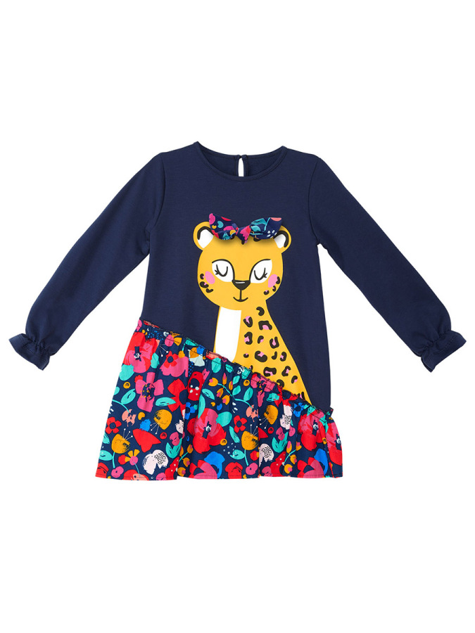 Çiçekli Leoparlı Fırfırlı Lacivert Kız Çocuk Elbise - 3
