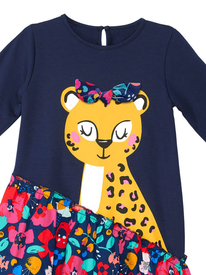 Çiçekli Leoparlı Fırfırlı Lacivert Kız Çocuk Elbise - 5