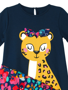 Çiçekli Leoparlı Fırfırlı Lacivert Kız Çocuk Elbise - 5