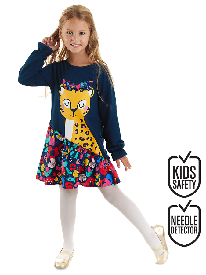 Çiçekli Leoparlı Fırfırlı Lacivert Kız Çocuk Elbise - 1