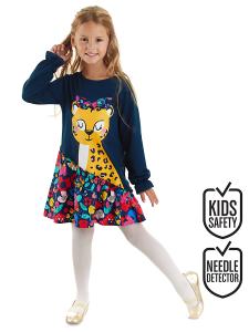 Çiçekli Leoparlı Fırfırlı Lacivert Kız Çocuk Elbise - 1