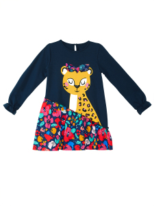 Çiçekli Leoparlı Fırfırlı Lacivert Kız Çocuk Elbise - 3