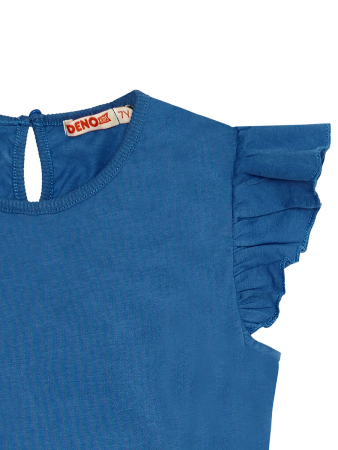 Tavşan Kız Çocuk Çiçekli Mavi Fırfırlı Elbise - 6