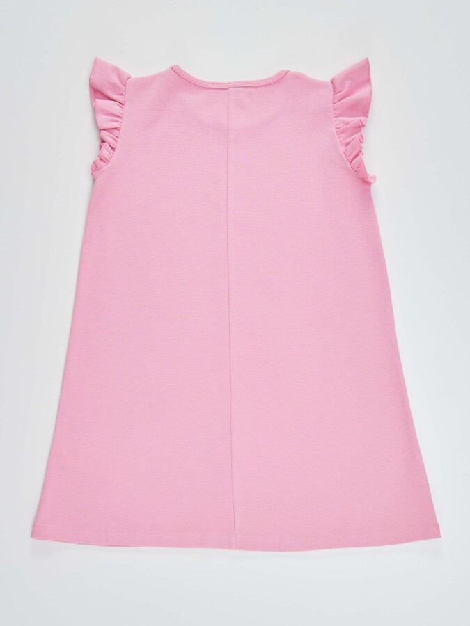 Tavşanlı Fırfırlı Pamuklu Kız Çocuk Pembe Yazlık Elbise - 4