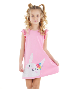 Tavşanlı Fırfırlı Pamuklu Kız Çocuk Pembe Yazlık Elbise - 1