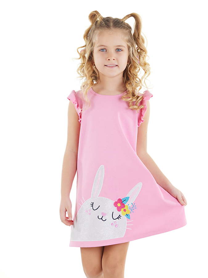 Tavşanlı Fırfırlı Pamuklu Kız Çocuk Pembe Yazlık Elbise - 1