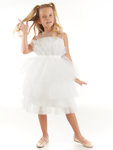 Taş Detaylı Tüllü Kabarık Kız Çocuk Beyaz Abiye Elbise - Daisy Girls