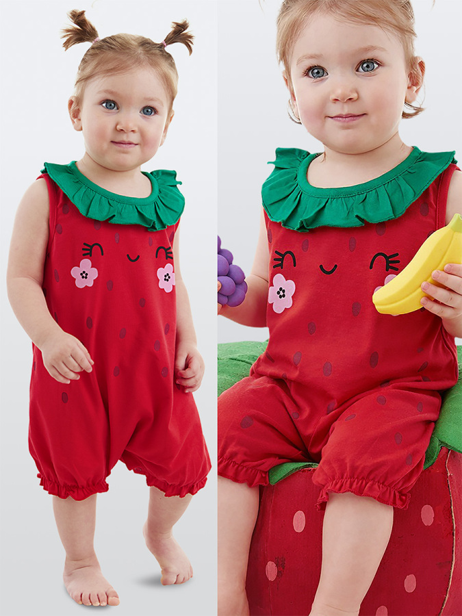 Tatlı Çilek Kız Bebek Pamuklu Yazlık Tulum - 1