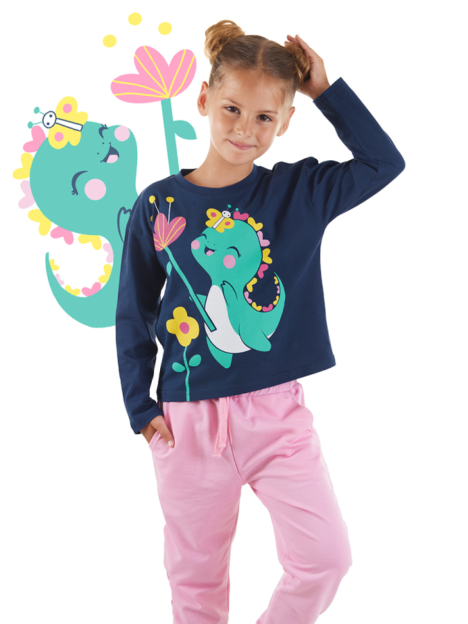 Tatlı Dino Kız Çocuk T-shirt Eşofman Altı Takım - 1