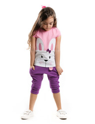 Tavşan Tozluklu Kız Çocuk T-shirt Kapri Şort Takım - Thumbnail