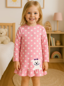 Teddy Bear Baby Girl Dotted Pink Dress - 1