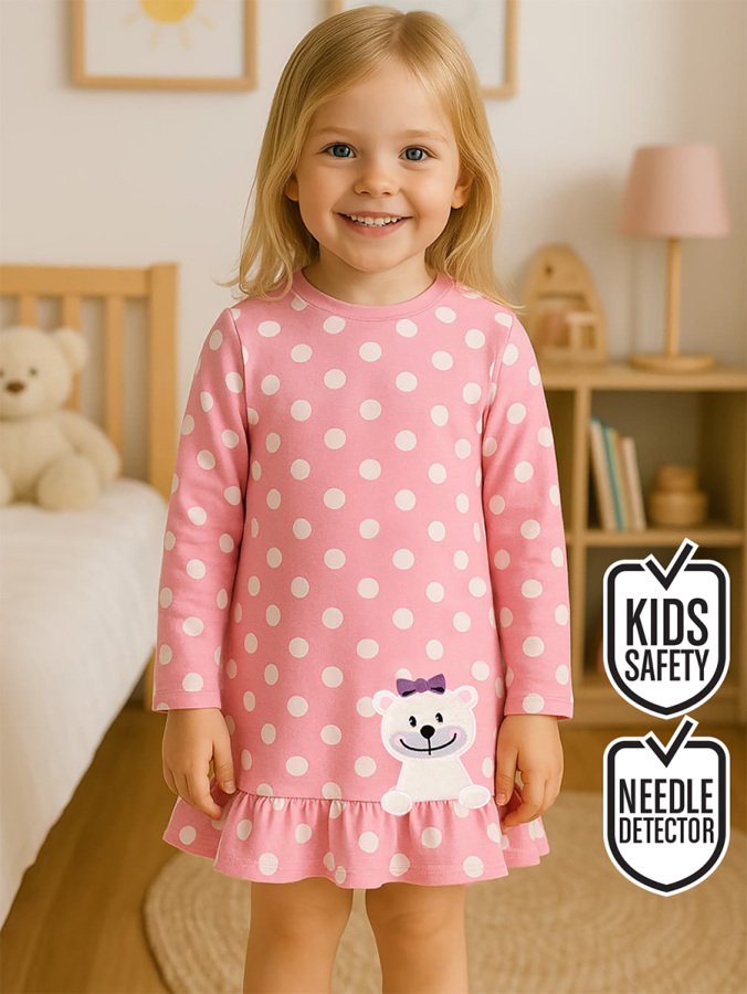 Teddy Bear Baby Girl Dotted Pink Dress - 1