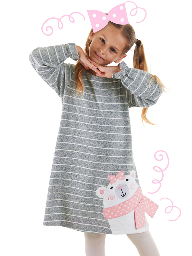 Teddy Bear Girl Grey Striped Dress - 1