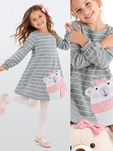 Teddy Bear Girl Grey Striped Dress - Denokids