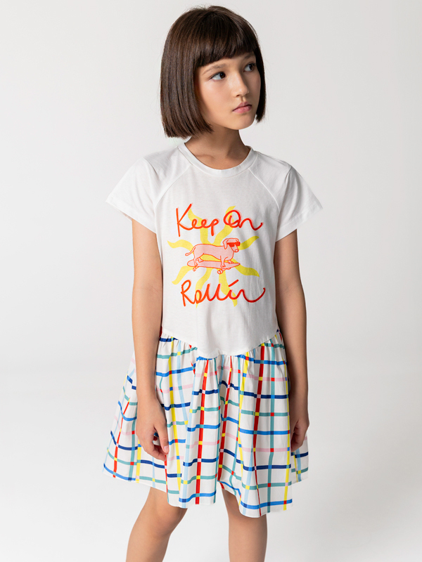 Tshırt Gövdeli Pamuk Kloş Etekli Kız Çocuk Elbise - 1