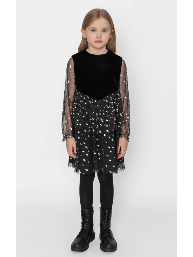 Tül Kollu Işıltılı Kadife Elbise - 1