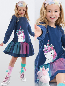 Kız Çocuk Kışlık Unicorn Desenli Tüllü Lacivert Uzun Kollu Fırfırlı Elbise 2-8 Yaş - Denokids