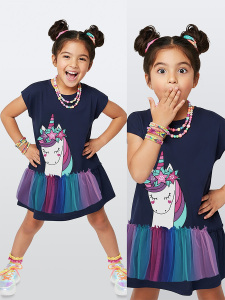Kız Çocuk Elbise Lacivert Pamuk Penye Unicorn Tüllü Yazlık Elbise 2-8 Yaş - Denokids