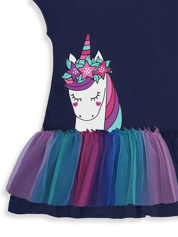 Kız Çocuk Elbise Lacivert Pamuk Penye Unicorn Tüllü Yazlık Elbise 2-8 Yaş - 6