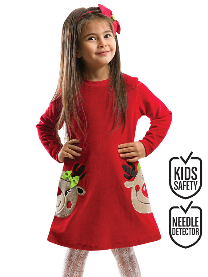 Twin Deers Girl Red Velvet Xmas Dress - 1