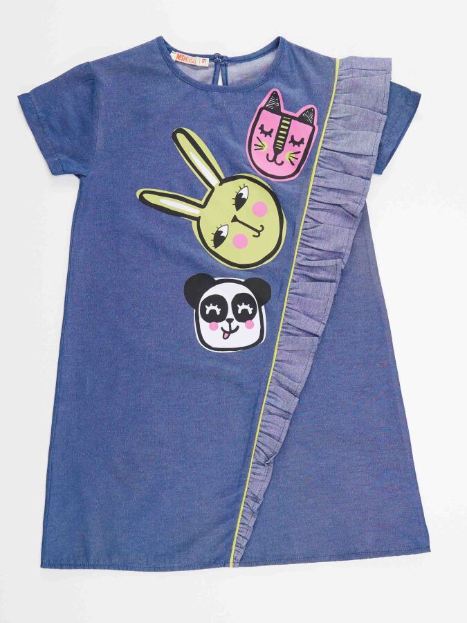 Üç Arkadaş Dokuma Kız Çocuk Mavi Yazlık Elbise - 3