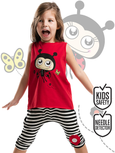 Kırmızı Uğurböceği Çizgili Kız Çocuk Yazlık T-Shirt Kapri Şort Takım - Denokids