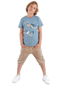 Uçak Erkek Çocuk Cep Detaylı Yazlık T-shirt Kapri Şort Takım - MSHB&G